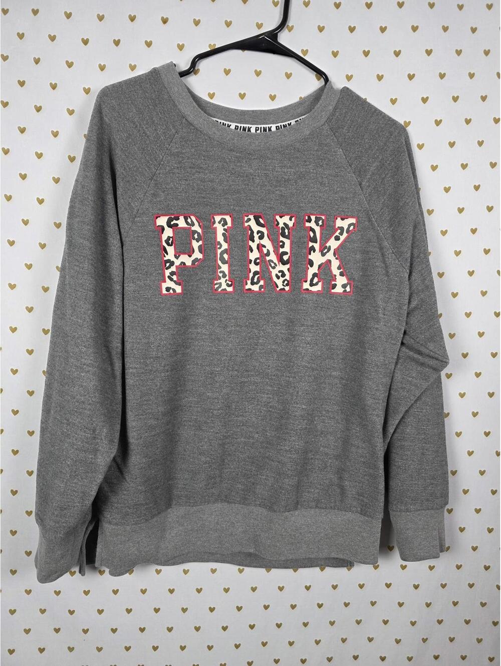 Victorias Secret Pink LEOPARD CHEETAH Logo Sweater Crew Grey Pullover SMALL
